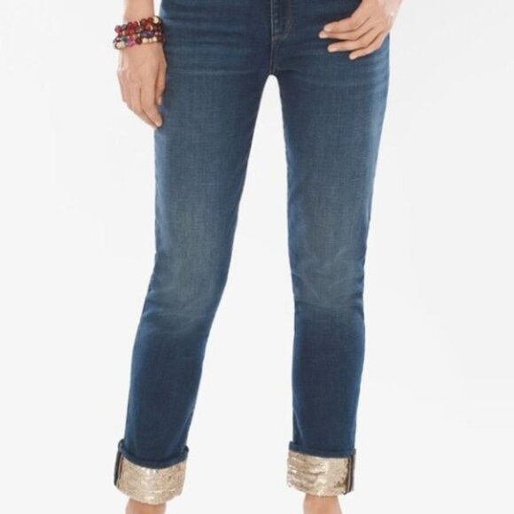 630-30 Chico’s Sequin Ankle Boyfriend Jeans Women’s Chico Size 2R (12/14) - Picture 3 of 9